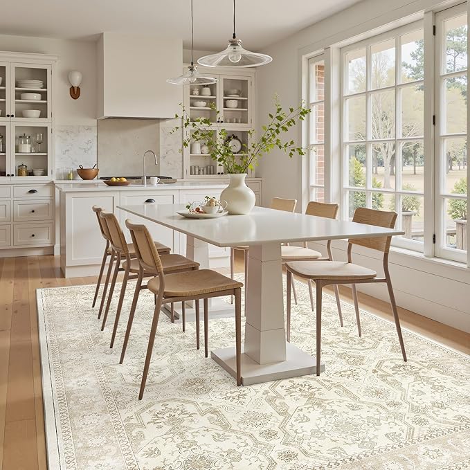 Soalmost 5x7 Area Rug Low Pile Washable Trendy Faded Style Rug, Beige/Brown | Vintage Non-Slip Indoor Accent for Bedroom Dining, Foldable Stain Resistant Floor Carpet Mat Under Table Home Office Decor