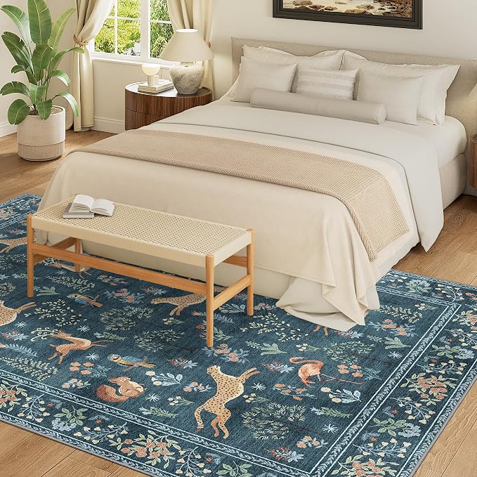 DUKINO 6x9 Area Rug, Washable Animal Living Room Rug Non Slip, Blue | Soft, Low Pile, Non-Shedding Indoor Large Carpet for Bedroom, Dining Room, Kids PlayRoom, Farmhouse, Pet Friendly, Home Decor