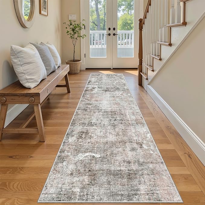 Soalmost Runner Rug 2'6"x8' Kitchen Hallway Runners Abstract Pink/Grey | Washable Non-Slip 2.5x8ft Carpet Entryway Bathroom, Low Pile Vintage Foldable Floor Mat for Corridor Laundry Room Bedroom