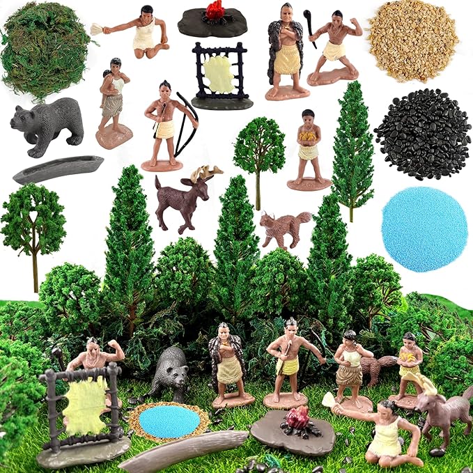 Native American Figurines Set Miniture Indian Figure Toys Indian Figurines for Kids Powhatan Indians Figures Playset Includes Camp Fire Deer Bear Fox Trees for Birthday Diorama School Projects 32 Pcs