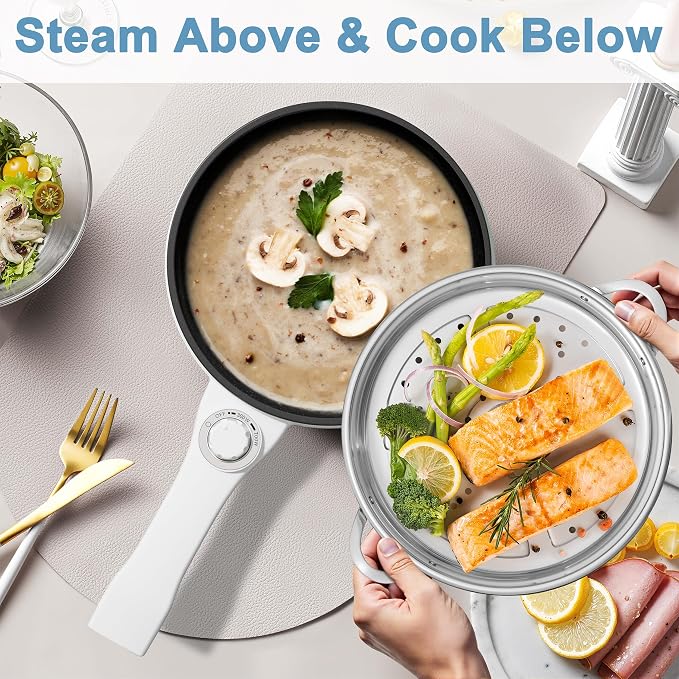 Dezin Hot Pot Electric with Steamer, 1.5L Non-Stick Portable Electric Pot | Dual Power, Upgraded 700W Electric Pot for Cooking Steak, Egg, Oatmeal, Ramen Cooker for Dorm, Travel, RV, Office, Black Pan