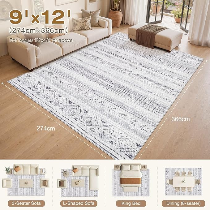 cotiled 9x12 Area Rugs Living Room Rug: Washable Boho Rugs with Non Slip Backing Large Soft Indoor Stain Resistant Carpet for Bedroom Farmhouse Dining Room Lightweight Home Decor Dark Grey