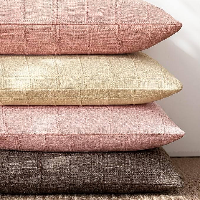 Foindtower Set of 2 Decorative Linen Check Throw Pillow Covers Neutral Farmhouse Vintage Cushion Covers Modern Boho Accent Home Decor for Sofa Chair Couch Bedroom Living Room,22×22 Inch,Light Pink