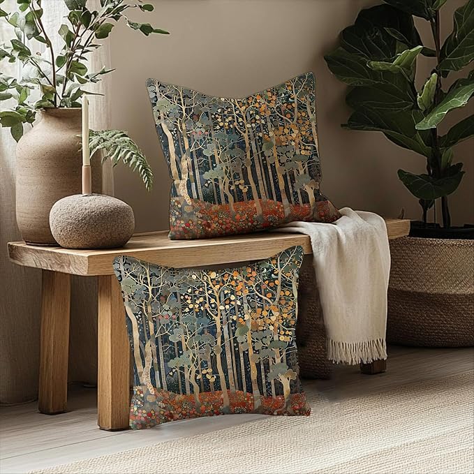 Rustic Autumn Forest Pillow Covers 18x18 Set of 2, Fall Home Room Decor, Vintage Botanical Nature William Morris Inspired Decorative Throw Pillow Covers for Home Bedroom Living Room