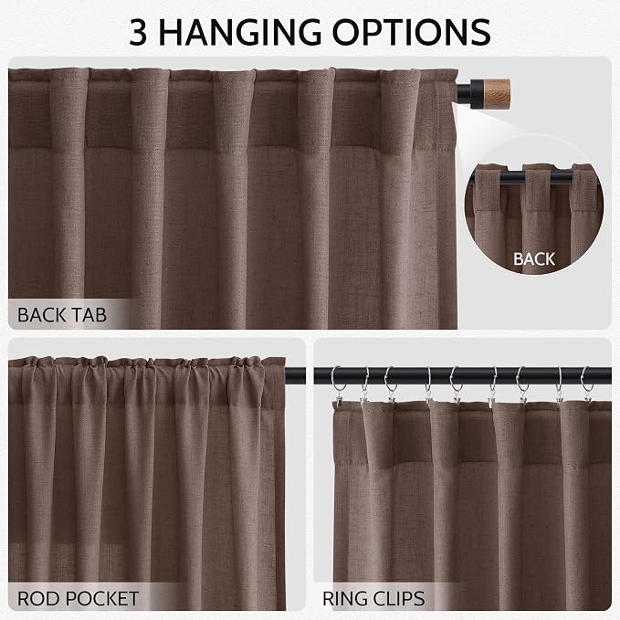 Cappuccino Linen Curtains 72 Inch Long for Living Room Bedroom Lightweight Door Drapes 2 Panels Set, Semi Sheer Light Filtering Back Tab or Rod Pocket Curtain,52x72
