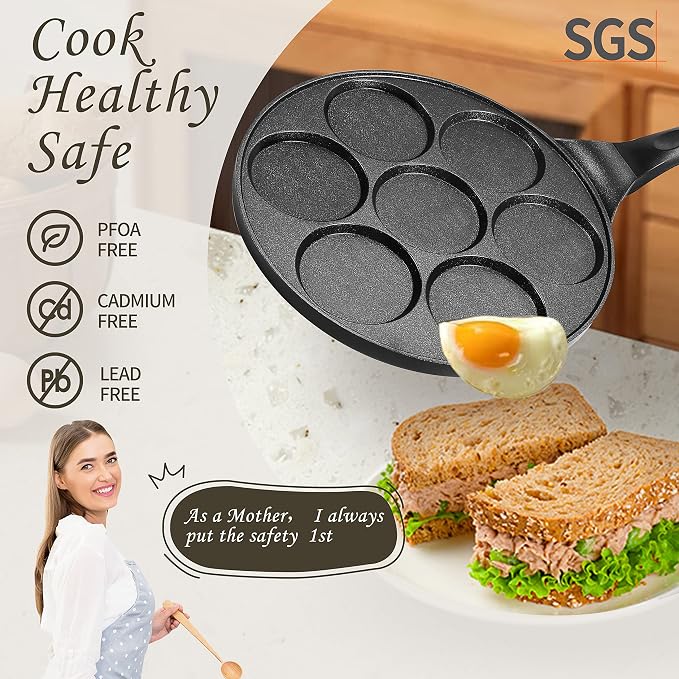 10.5" Pancake Pan Suitable for All Cooktops 7-Cup Pancake Maker 1-Pack | Black, PFOA Free, 7-Cup, Mini Silver Dollar Gril, Stay-Cool Handle, Mini Pancake Pan