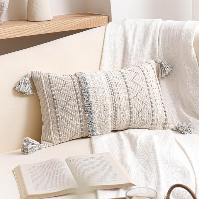 Decorative Lumbar Throw Pillow Covers 12x20 Combo Set of 2 Gray Rectangular Boho Accent Pillowcase Neutral Grey Farmhouse Cushion for Couch Sofa Bedroom Living Home Décor Cover ONLY