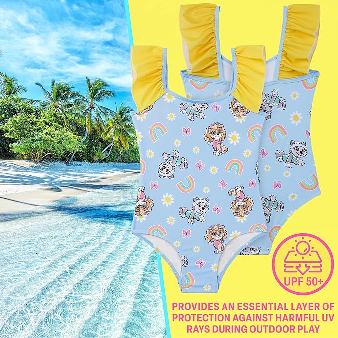 Paw Patrol | Bluey Girls Swimsuit, One Piece Toddler Bathing Suit with Ruffle Shoulder UPF 50+ Pool, Beach Swimwear