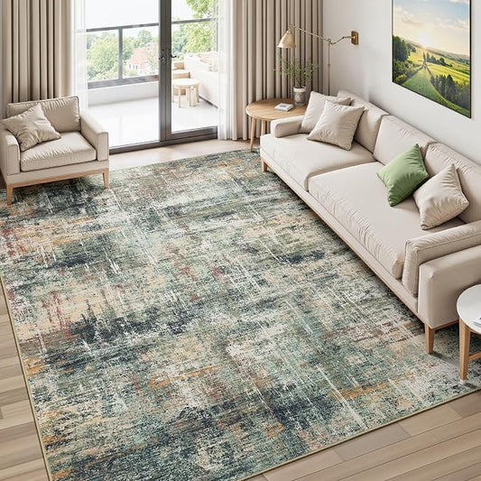 5x7 Area Rug for Living Room, Abstract Washable Non-Slip Rugs, Coffee/Green | Neutral Modern Carpet for Bedroom Dining Room Home Office Nursery, Stain Resistant Non-Shedding Foldable Indoor Rug