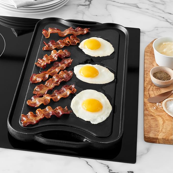 Amazon Basics Pre-Seasoned Cast Iron Reversible Rectangular Grill/Griddle with Even Heat Distribution, Black, 20 x 10.63 x 0.98 inch