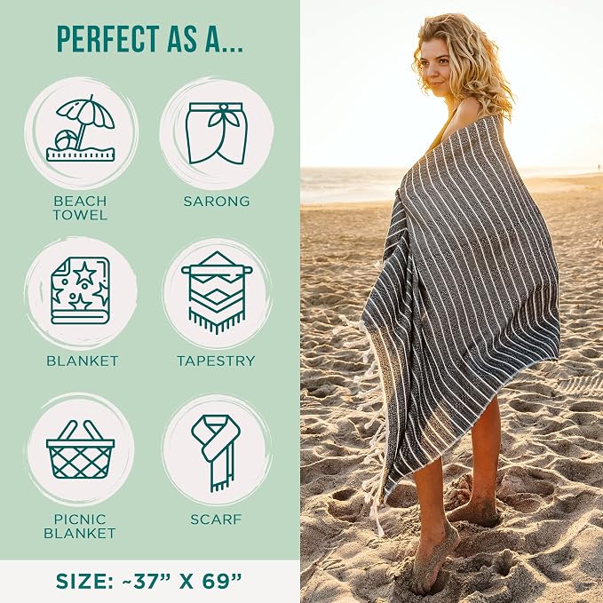 Sand Cloud Turkish Beach Towel - Sand Resistant - 100% Certified Organic Turkish Towel - Quick Dry Towel for Beach, Picnic, Blanket or Bath Towel - As Seen on Shark Tank - Gocek (Black) (Pack of 2)