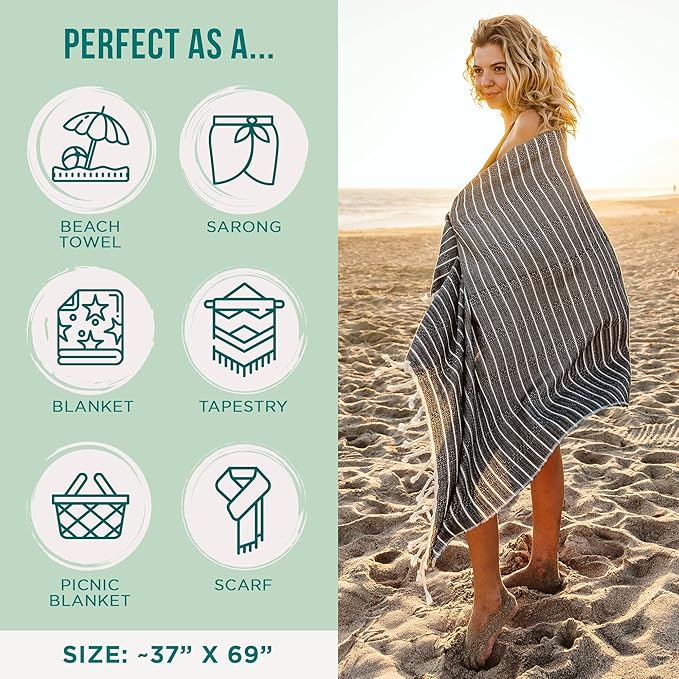 Sand Cloud Turkish Beach Towel - Sand Resistant - 100% Certified Organic Turkish Towel - Quick Dry Towel for Beach, Picnic, Blanket or Bath Towel - As Seen on Shark Tank - Gocek (Black)