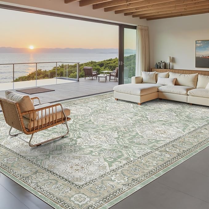 Soalmost 8x10 Area Rugs Large Washable Living Room Rug Non-Slip Green/Brown | Soft Farmhouse Vintage Carpet for Dining Bedroom, Stain Resistant Low Pile Foldable Thin Floor Mat Under Table Home Decor