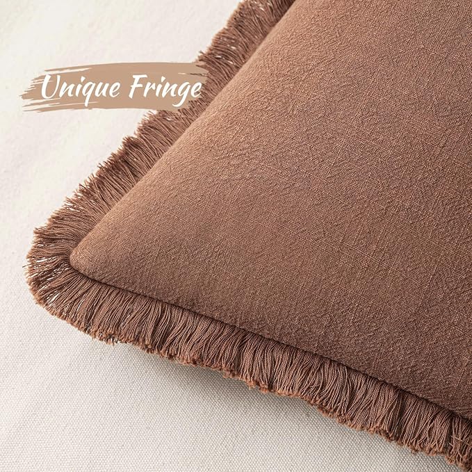 MIULEE Boho Linen Fringe Decorative Fall Throw Pillow Covers Brick 18x18 | Set of 2, Cottagecore Decor, Boho Farmhouse Neutral Pillow Covers, Rustic Fall Couch Cushion Cases for Sofa Bed Living Room