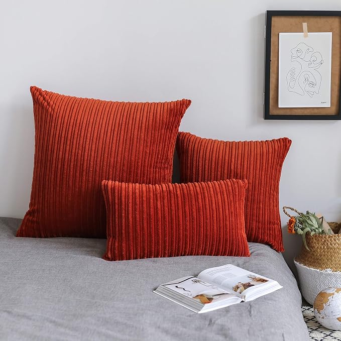 UGASA Fall 12x24 Inch Pillow Cover Pack of 1 Soft Boho Stripe Corduroy Long Rectangle Lumbar Cushion Case Farmhouse Decorative Throw Pilowcase for Bed, Couch, Sofa, Bedroom, Living Room, Burnt Brick