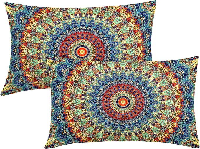 Boho Mandala Floral Lumbar Pillow Covers 12X20 Inch Set of 2 Navy Blue Orange Abstract Flower Decorative Pillow Cases Colorful Retro Ethnic Cushion Case Home Decor for Sofa Couch Porch Outdoor