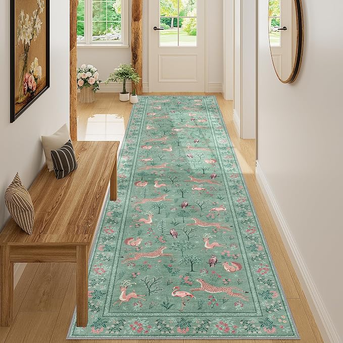 DUKINO 2x10 Kitchen Runner Rug, Soft Non Slip Animal Washable Rug, Teal | Low Pile, Non-Shedding Indoor Carpet Runner for Hallway, Entryway, Bedroom, Bathroom, Laundry, Pet Friendly, Stain Resistant