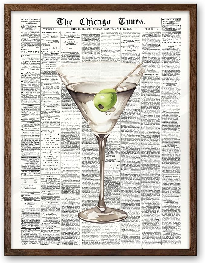 EcoHest 12x16 in Martini Newspaper Framed Wall Art for Bar Cart | Walnut Color Solid Oak Frame, Canvas Wall Art, Martini Bar Cart Decor for Living Room, Apartment, Dorm Room, Bedroom, 1Pack