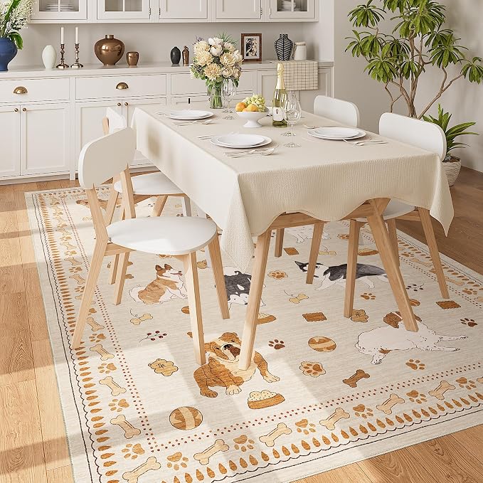 DUKINO 5x7 Area Rugs, Washable Dog Rug for Kids Room Non Slip, Beige Yellow | Low Pile, Stain Resistant, Soft Animal Carpet for Living Room Bedroom Dining Room Farmhouse, Kid & Pet Friendly, Non Shedding
