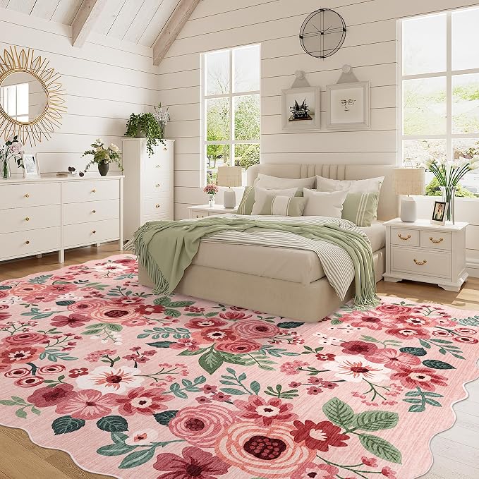 DUKINO 8x10 Area Rug for Living Room, Floral Washable Rug Non Slip, Pink | Soft, Low Pile, Stain Resistant Throw Large Rug for Bedroom, Dining Room, Nursery, Kids Playroom, Pet Friendly, Home Decor