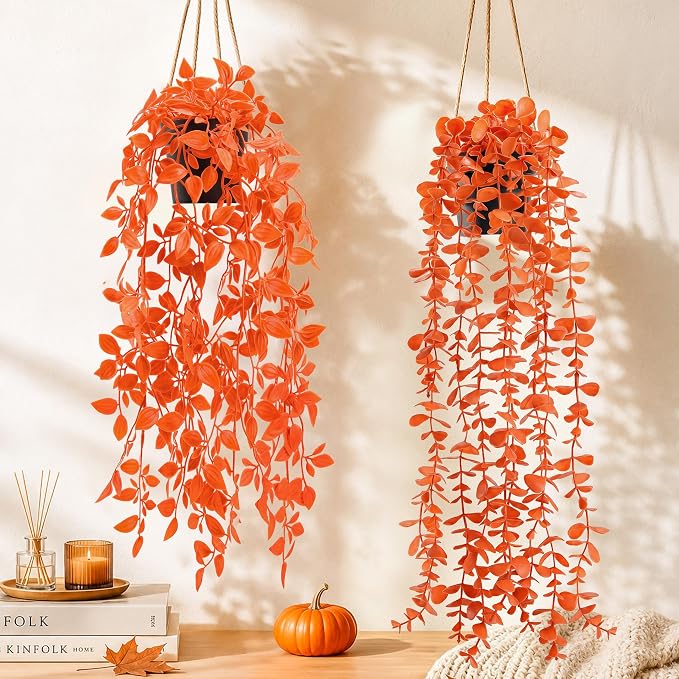 Der Rose 2Pcs Fake Fall Hanging Plants for Home Bathroom Wall Outdoor | Orange artificial hanging plants for autumn decor accents, fall bathroom and kitchen decor, porch, patio and covered decor