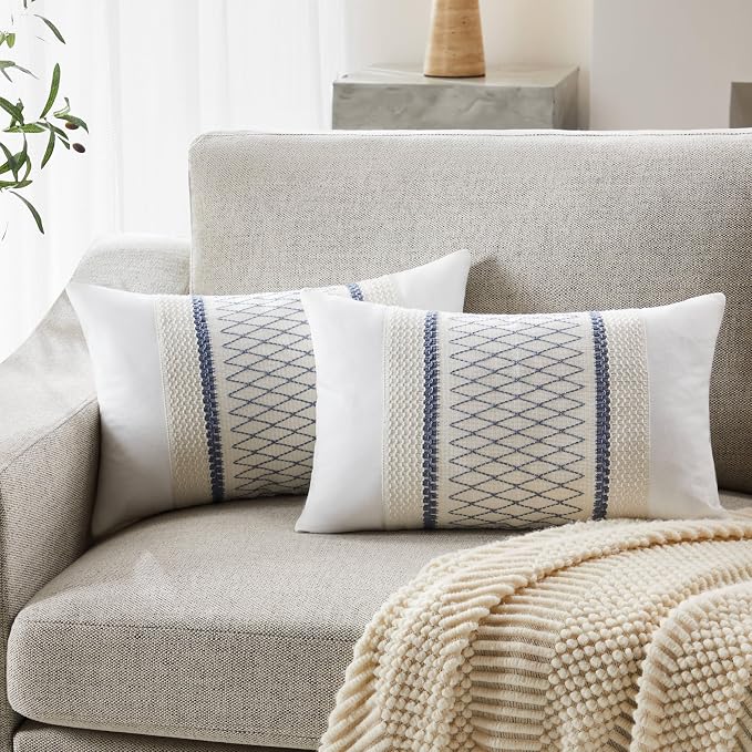 2pk Boho Pillow Covers 12x20, Natural White/Grid/Blue | 100% Organic Cotton Body, Stripe Embroidery, Farmhouse Decorative Cushion Covers for Sofa Bed Living Room Home Decor