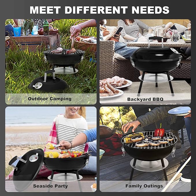 14 inch Charcoal Grill, Joyfair Small Portable Camping BBQ Kettle Grill | Outdoor Mini Barbecue Grill With Locking Lid for Patio/Tabletop/Tailgates Cooking Grilling, Enamel Coated & Dual Vent System