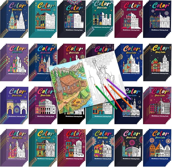 Liliful 144 Pcs Architectural Mandala Coloring Book Bulk 5 x 7 Inch Landmark & Building Themed Mindfulness Coloring Books for Stress Relief, Party Favors & Adult Gifting