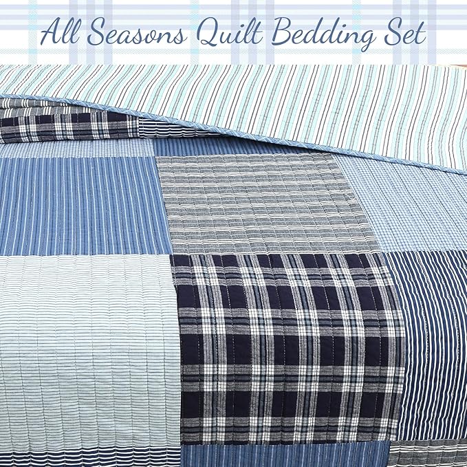 Cozy Line Home Fashions Plaid Patchwork Bedding Quilt Set, Navy Blue 100% Cotton Reversible Coverlet Bedspread for Kids Teen Boy (Craver, Queen - 3 Piece)