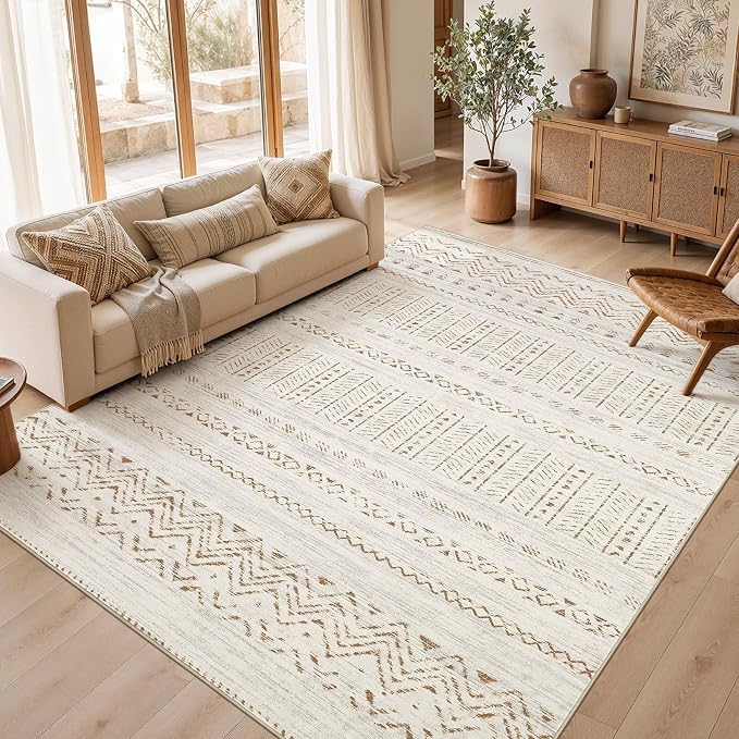 cotiled 8x10 Area Rugs Living Room Rug: Washable Boho Rugs with Non Slip Backing Large Soft Indoor Stain Resistant Carpet for Bedroom Farmhouse Dining Room Lightweight Home Decor Brown/Cream