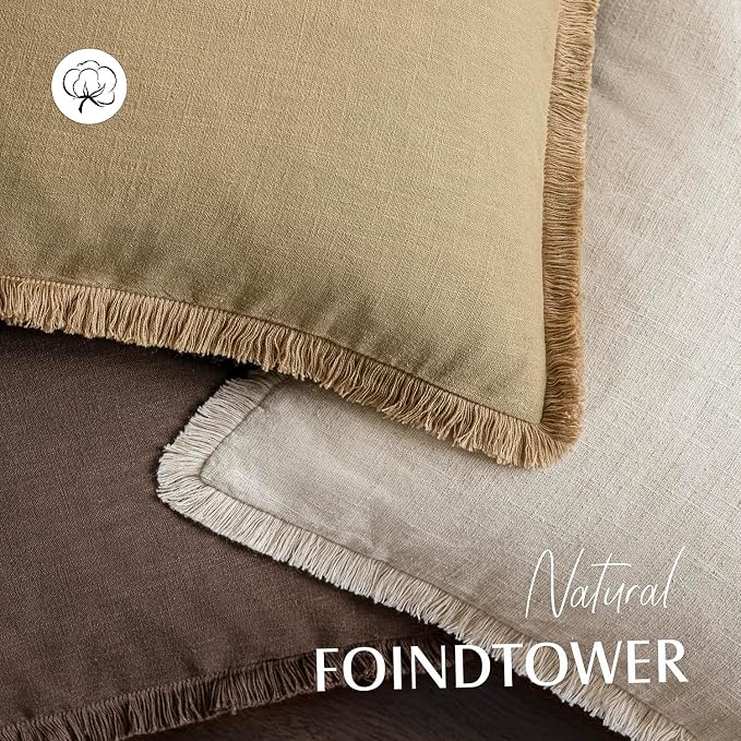 Foindtower Set of 2 Decorative Linen Fringe Throw Pillow Covers Farmhouse Cushion Cover with Tassels Soft Accent Pillowcase for Couch Chair Sofa Bed Living Room Home Decor,18×18 Inch,Light Khaki Taupe