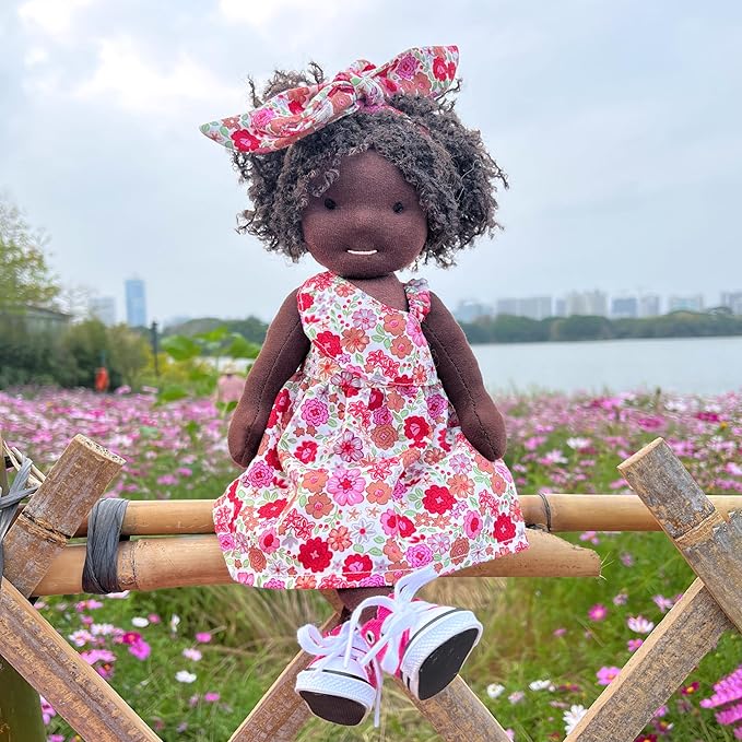 Handmade Birthday Present for Girl Black Doll Waldorf Collect Rag Doll with Exquisite Box-Dezi 12"