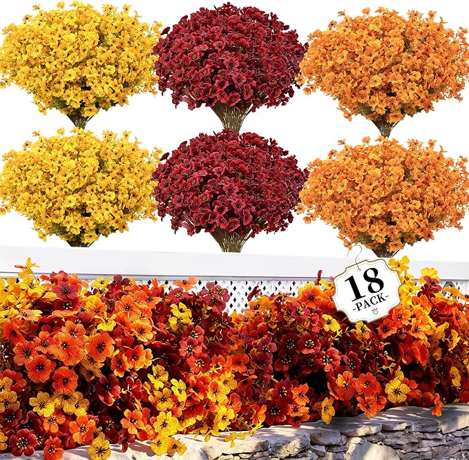 ColoPlay 18 PCS Artificial Mums for Outdoors Faux Mums of Eucalyptus Leaves | Artificial Mums for Outdoors/Indoors Faux Mums, Fall Flowers for Decoration Planters Boxwood Garden Porch Window Home