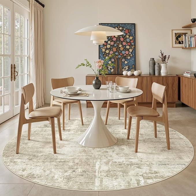Soalmost Round Rugs 9ft Living Room Circle Area Rug 9x9 Beige/Gray Vintage | Washable Non Slip Abstract Carpet for Apartment, Dining Bedroom, Soft Low Pile Stain Resistant Foldable Floor Mat Entryway