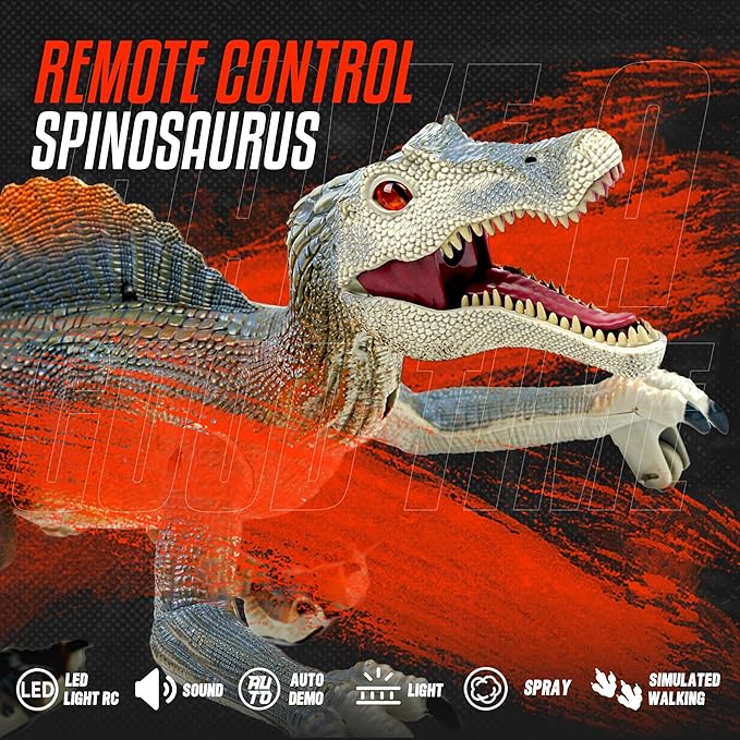 BEZGAR Remote Control Dinosaur, RC Walking Robot Dinosaur Toys with Light, Auto Spraying and Roaring Jurassic Spinosaurus Dinosaur Robot Toy for Boys 3+Years Old