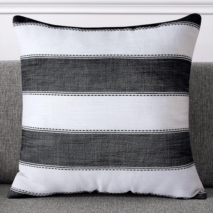 Pack of 2 Farmhouse Stripe Check Throw Pillow Covers Set Case Cotton Linen Decorative Pillowcases Cushion Cover for Couch Bench Sofa 18x18Inch Black