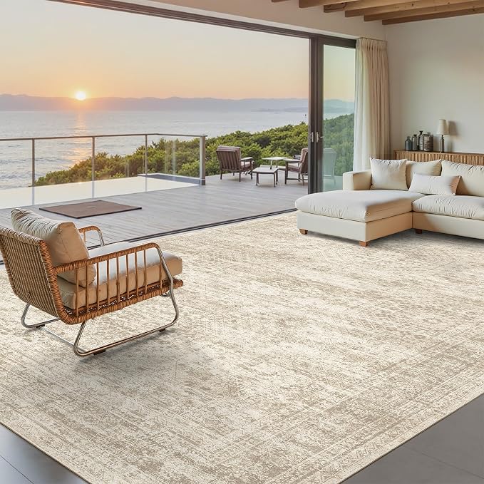 Soalmost Washable Area Rug 8x10 Large Soft Beige Rugs for Living Room | Vintage Non-Slip Carpet for Dining Bedroom, Stain Resistant Low Pile Foldable Lightweight Floor Mat Under Table Home Decor