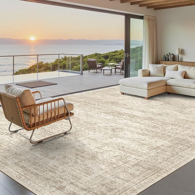 Soalmost 9x12 Area Rugs for Living Room Washable Rug Non-Slip Beige | Large Vintage Stain Resistant Carpet for Dining Bedroom, Low Pile Lightweight Foldable Floor Mat Nursery Home Office Decor
