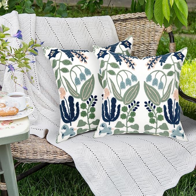 Alysheer Floral Embroidered Spring Decorative Throw Pillow Covers 20"x 20" Set of 2, Farmhouse Cottage Navy Blue Green Flowers Leaves Knit Pattern Cotton Canvas Cushion Case for Couch Bed Living Room