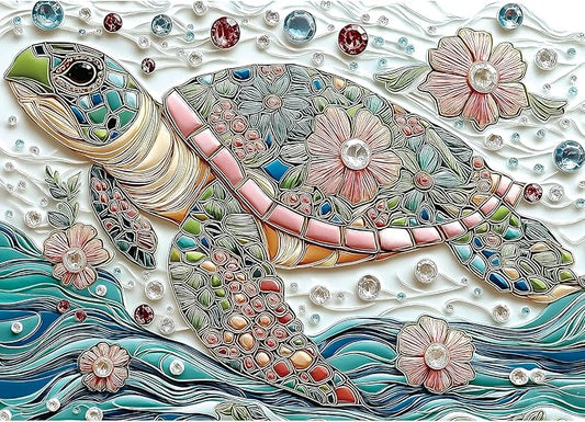 1000 Piece Puzzle for Adults Sea Turtle Ocean Mosaic Mbroidery with Vibrant Gem Floral Jigsaw Puzzle Colorful Beautiful Underwater Sea Puzzle with Letters on Back for Game Night