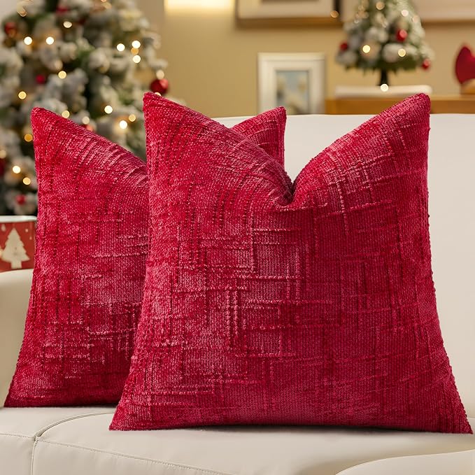 decorUhome Textured Chenille Throw Pillow Covers 22x22 Set of 2 Red | Fall Modern Farmhouse Soft Cozy Slubby Couch Pillow Cases Boho Decorative Pillow Cases for Bed Sofa Living Room Home Decor