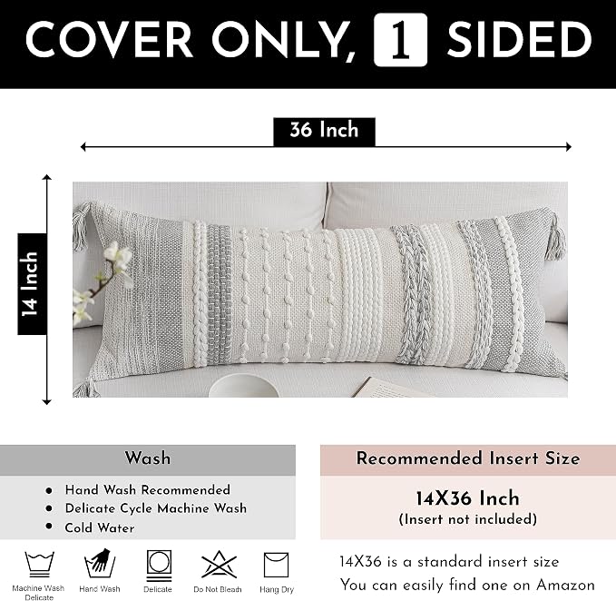 Gray Decorative Lumbar Pillow Cover 14x36, Grey Boho Long Body Pillow for Bed, Farmhouse Lumbar Throw Pillow for Couch, Modern Accent Textured Throw Pillowcase