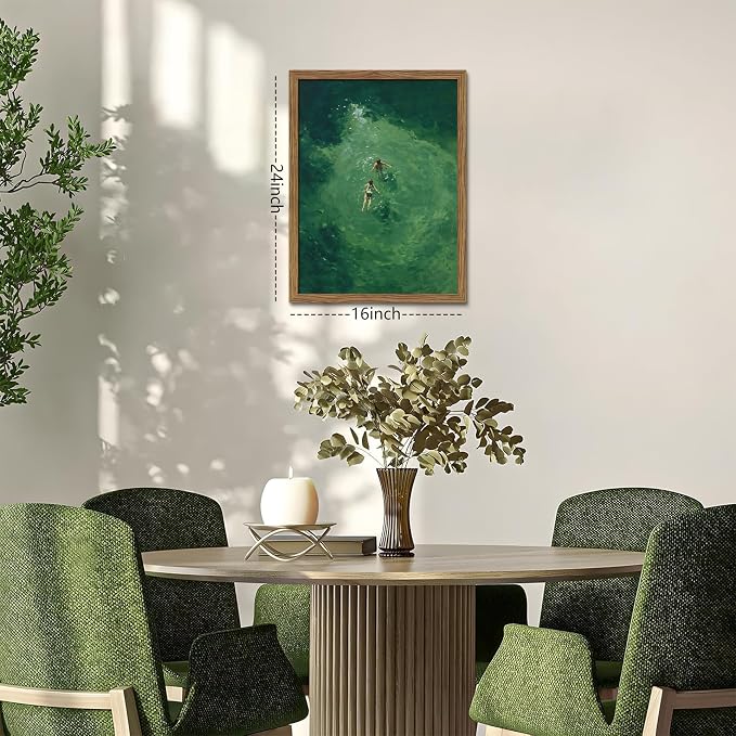 Framed Green Abstract Wall Art, Vintage Summer Swimming Canvas Wall Decor Painting, Minimalist Dark Green Water Landscape Poster Print Picture for Bathroom Bedroom Living Room 16x24 Inch