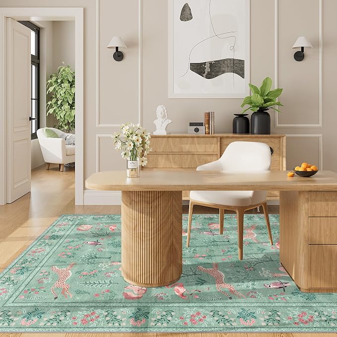 DUKINO 4x6 Area Rug, Non Slip Animal Washable Rug for Living Room, Teal | Soft, Low Pile, Stain Resistant Indoor Carpet for Bedroom, Dining Room, Nursery, Farmhouse, Pet Friendly, Non-Shedding
