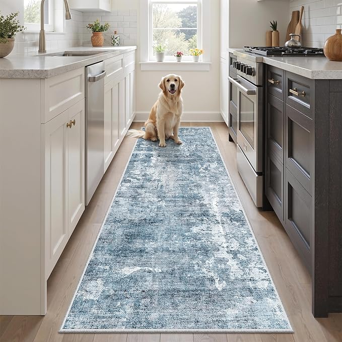 Soalmost Abstratc Runner Rug 2x6 Washable Kitchen Hallway Runners Blue/Grey | Non-Slip Low-Pile Rugs for Entry Bathroom Laundry Room, Vintage Foldable Floor Carpet Mat Entryway for Corridor Bedroom