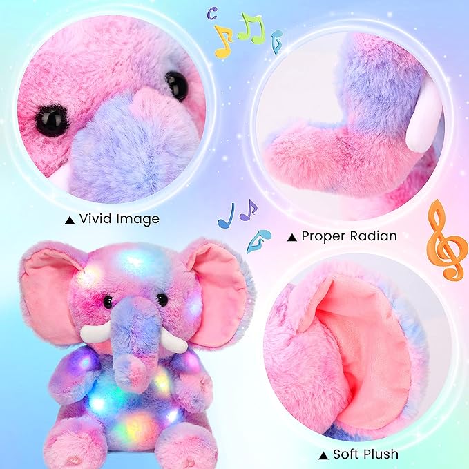 Hopearl Colorful LED Musical Stuffed Elephant Lighting Up Singing Plush Elephish Adjustable Volume Lullaby Animated Soothe Birthday Festival for Kids Toddlers, Rainbow, 11''