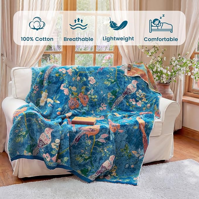 MSGKV Boho Throw Blanket 50"x60" 100% Cotton Floral Bird Throw for Couch | 100% Cotton Throw, Floral Bird Pattern, Reversible Woven, Breathable Lightweight, Farmhouse Decor, Machine Washable