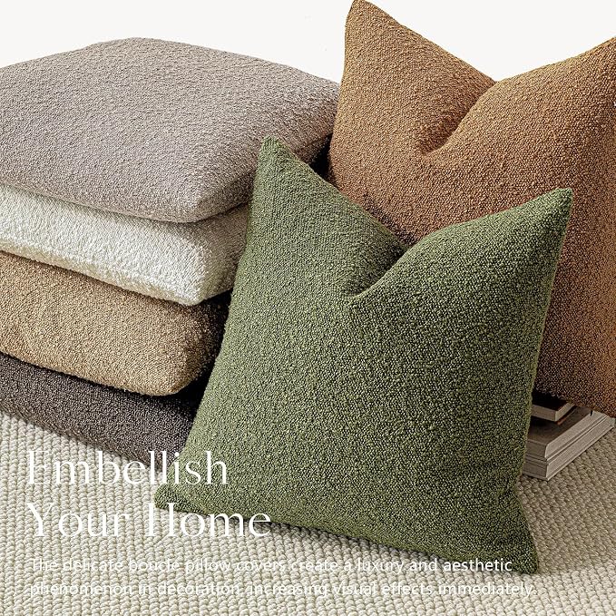 Foindtower Set of 2, Decorative Textured Boucle Throw Pillow Covers Accent Solid Pillow Cases Neutral Soft Cozy Couch Cushion Case for Chair Sofa Bedroom Living Room Home Decor 16 x 16 Inch Green