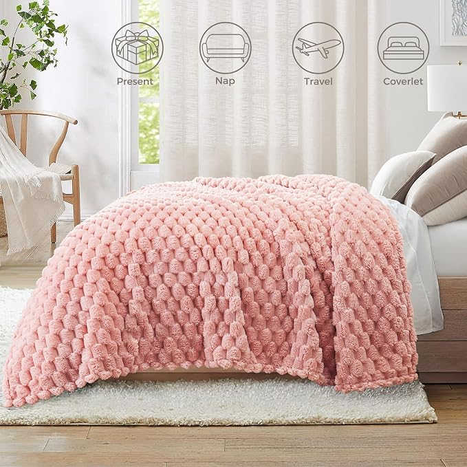 Whale Flotilla Soft Fleece Twin Size Bed Blanket Luxury 3D Jacquard, Pink | Lightweight Coverlet Bedspread, Super Cozy Plush Fluffy Fuzzy All‑Season Decorative Blanket for Bed, Dorm Essentials, 60"x80"