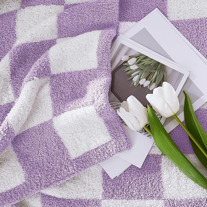 Soft Twin Size Checkered Blanket for Bed-Cozy Knitted Blankets | Lightweight Fluffy Warm Decor for Women, Mom, Her & Girls, Sofa, Chair, Couch, 60x80in,Purple